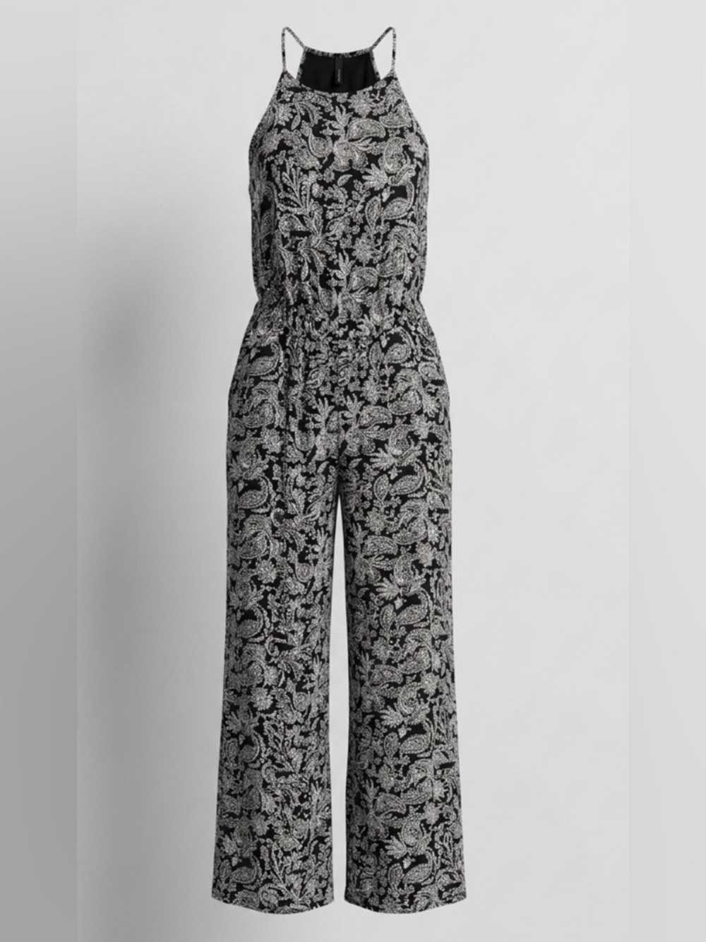 Roxy Sleeveless Halter Split-Back Jumpsuit Elastic Waist Black/White Floral M